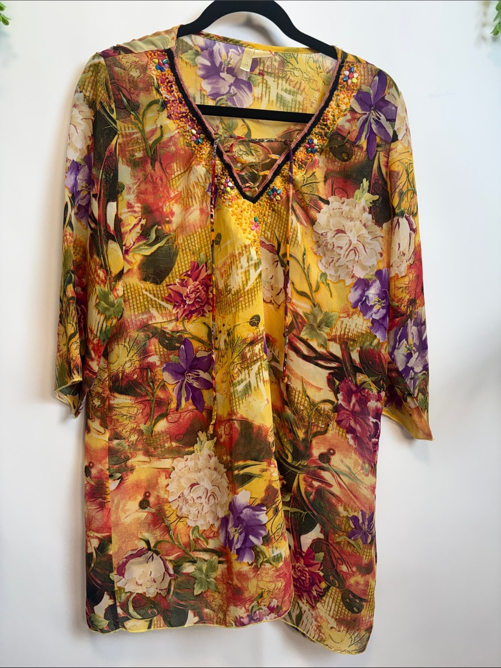 Ganesh Yellow Multicolor Floral Beaded Neck Tunic